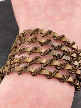 VINTAGE Aged brass five-strand twisted coil cuff bracelet mid-century jewelry